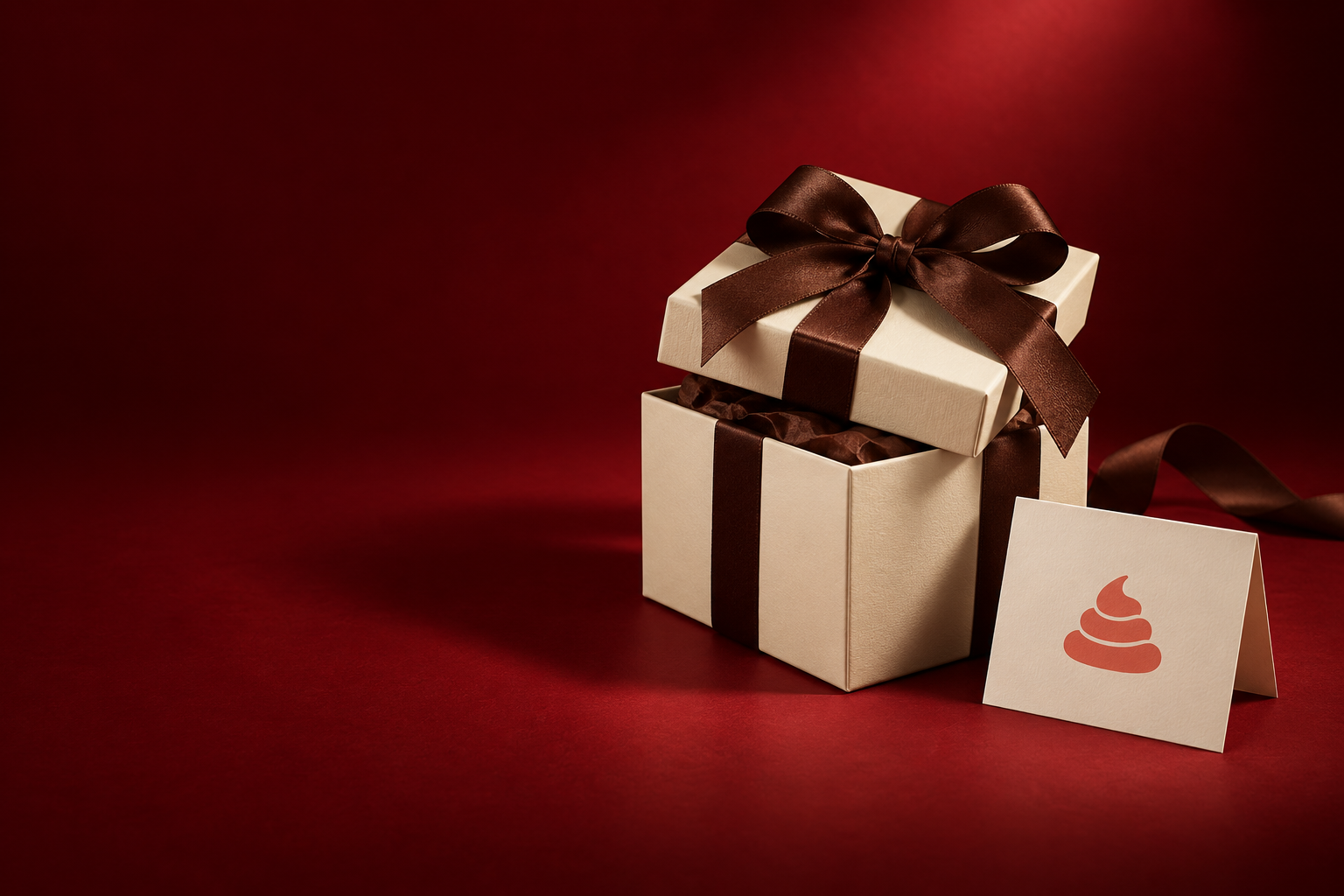 Cream gift box with a chocolate ribbon against a rich red background